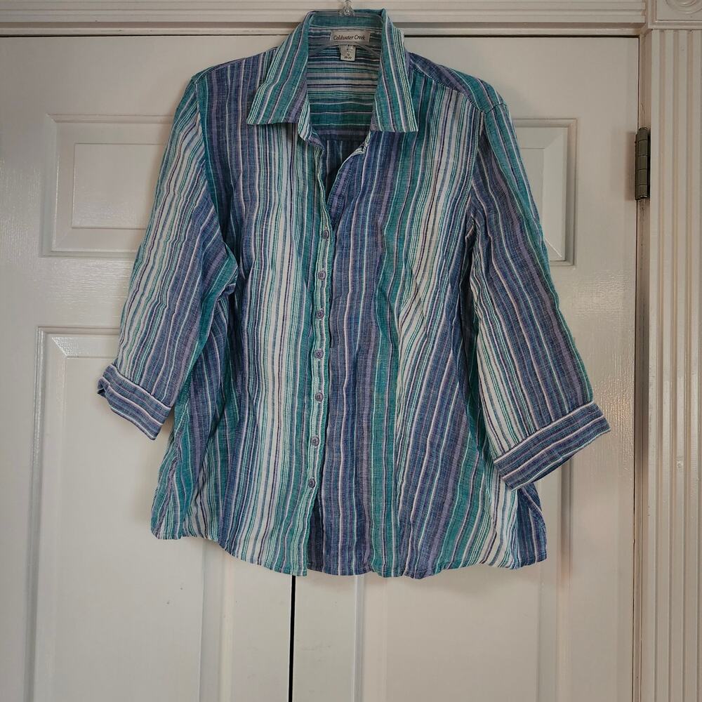 Coldwater Creek blue white purple striped 100% linen button up Top sz 2X 20-22